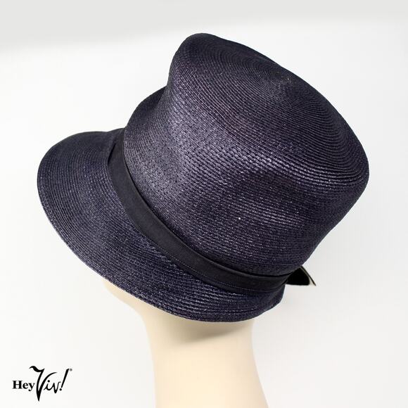 Vintage 50s Navy Cloche Hat White Button Trim Ribbon Bow Union Tag - Hey Viv - Picture 5 of 9